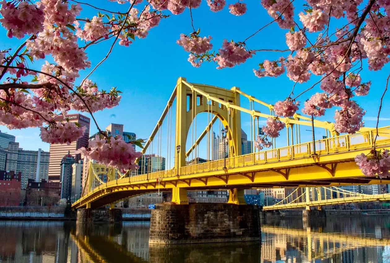 Pittsburgh in spring: Cherry blossoms in the waterfront park and the city